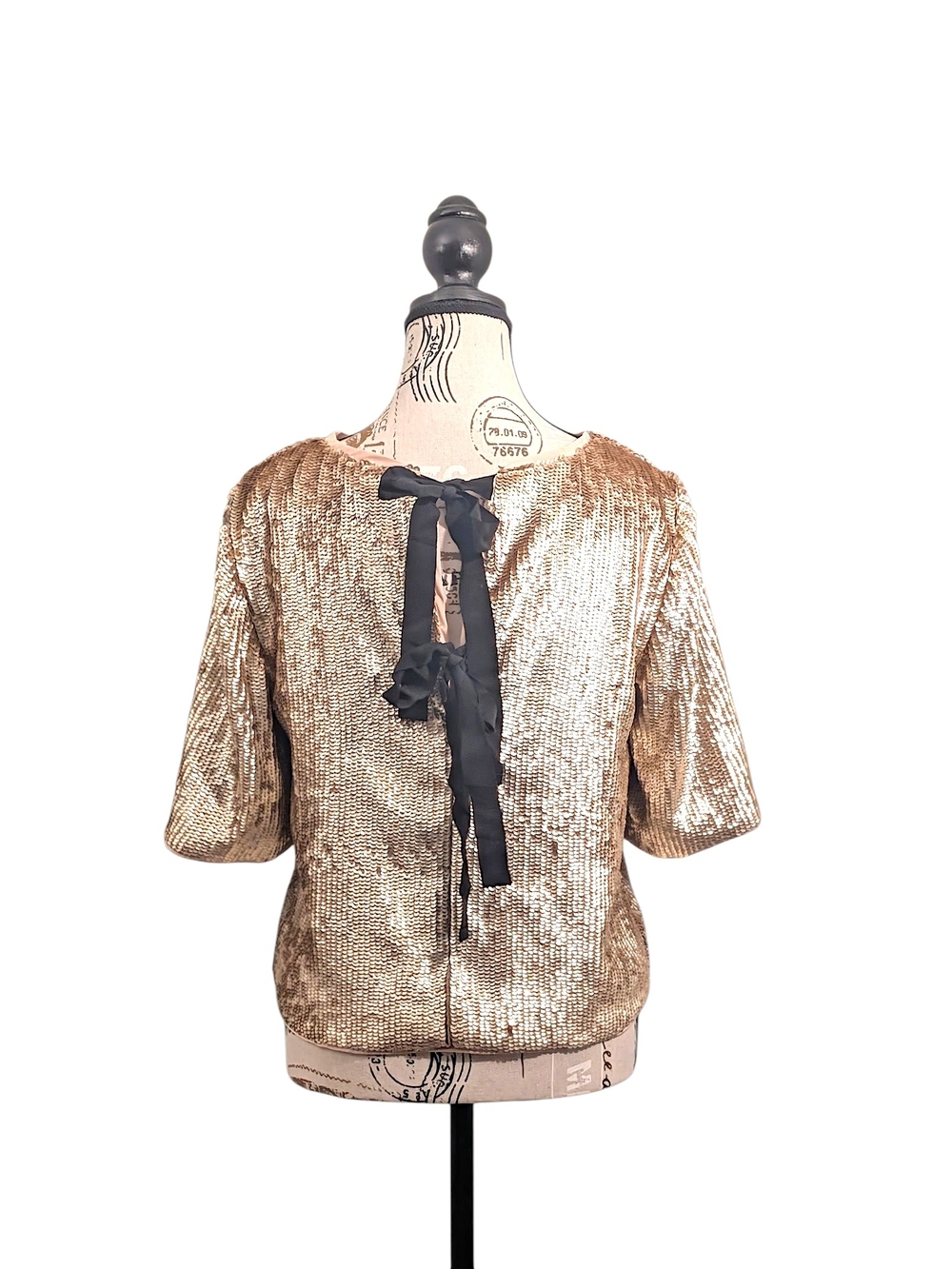 J. Crew Metallic Gold Sequin Short-Sleeve Top with Black Back Ties